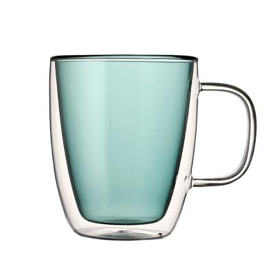 China Hot Selling Viable Double Coating Wall Cup 350ml Double Wall High Borosilicate Colored Glass Coffee Mug for sale