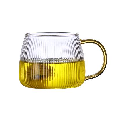 China New Design High Clear Heat Resistant Sustainable Borosilicate Glass Oversized Hammered Tea Cup With Yellow Color Handle for sale