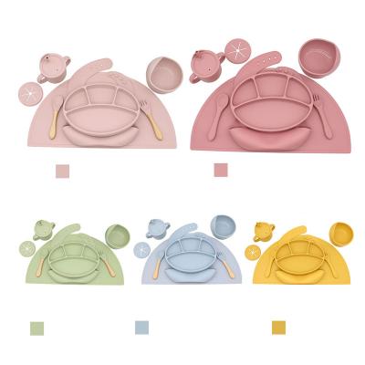 China Wholesale Safe Baby Mat Feeder Cup Suction Bowl Silicone Dish Bib Dish Baby Spoon Fork 11pcs Kids Dishwasher Feeding Set for sale