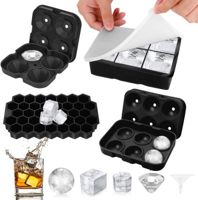 China Sustainable Set Of 4 Silicone Ice Cube Molds For Freezer With Lid Sphere Ice Ball Square Big Diamond Cut And Hexagonal Shapes Ice Maker for sale