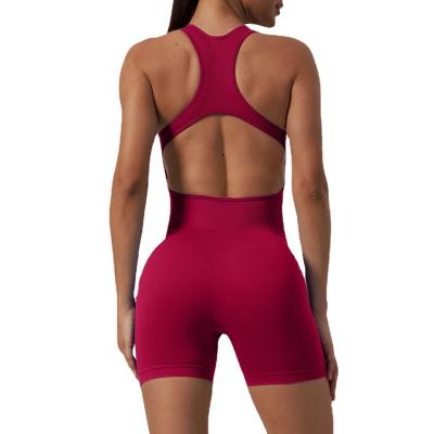 China 2023 Women Breathable One Piece Yoga Jumpsuit Shorts Bodycon Sleeveless Backless Workout Ribbed Romper for sale