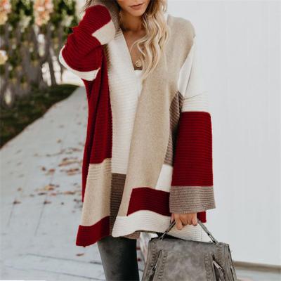 China Lady Wholesale Oversized Color Bat Sleeve Anti-wrinkle Women's Cardigan Bat Sleeve Sheer Soft Contrast Knit Cardigan Sweater Coat for sale