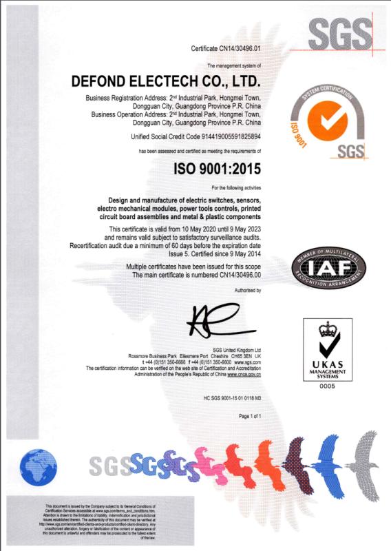 ISO9001 - DEFOND ELECTRICAL INDUSTRIES LIMITED