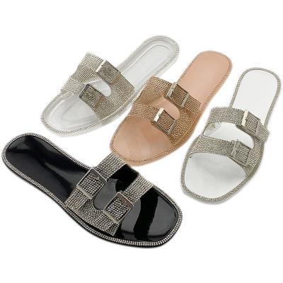 China Fashion Trend Double Straps Buckles Rhinestone Edged Square Toe Flat Slip On Jelly Slipper PVC Sandal For Women for sale