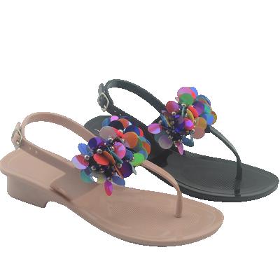 China Fashion trend SQUARE COTTAGES COLORFUL TOP GLITTER BEADS WDIE ANKLE STRAP LADIES FREEZE SANDALS for sale