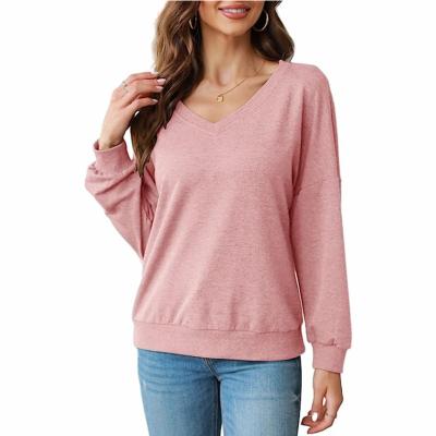 China Anti-wrinkle Women's V-Neck Sweatshirts No Hood Long Sleeve Lightweight Trendy Autumn Spring Shirts Basic Tops for sale