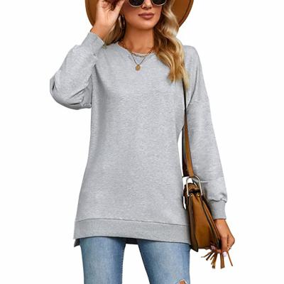 China Anti-wrinkle Women's Long Sleeve Sweatshirts Side Split Pullover 95% Cotton 5% Spandex Solid Color Loose Casual Tops for sale