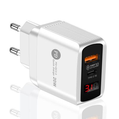 China 20W/18W QC3.0 Certified Durable 20W/18W PD USB C Dual Port Fast Charging Charger Quick Charger with Type C Wall Charger PD LED Display Adapter for sale