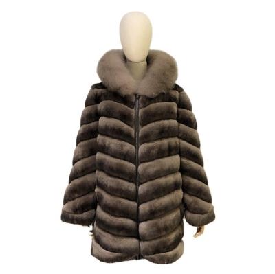 China Reversible Real Fur Fashion Fabric With Padded Fox Fur Hood Trim Reversible Winter Rex Rabbit Fur Coat Women for sale