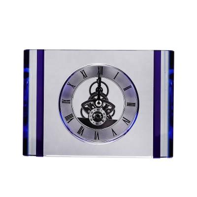 China Traditional Fashion Customized K9 Rectangle Blue Edge Crystal Desk Table Clock for sale