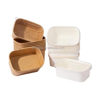 China Greaseproof Wholesale Disposable 500ml eco-friendly take away square food packaging salad bowl rectangular paper bowls with lid for sale