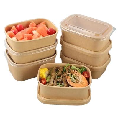 China Greaseproof Eco-Friendly Grease-Resistant Logo Printed disposable Kraft Paper Salad noodle Bowl with Lid Paper rectangular Food Packing Cont for sale