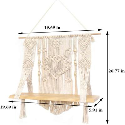 China Handmade Macrame Wall Hanging Handmade Tapestry with Shelf Cotton Macrame Wall Hanging Plant Woven Plant Pot Basket for sale