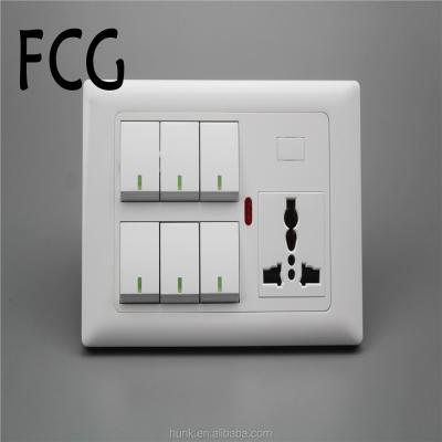 China Safety Manufacturer Luxury White PC Switch 6 Strip And 3 Pin Socket With Dimmer Indicator Layout Electrical Switches for sale