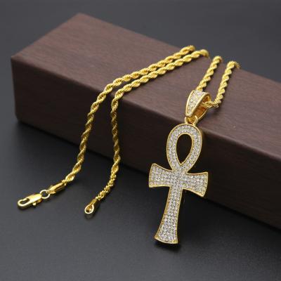 China Factory Wholesale Low Price Wholesale AnkhKey Men's Other Egyptian Pendant 18k CZ Crystal Cross Diamond Necklace Jewelry for sale