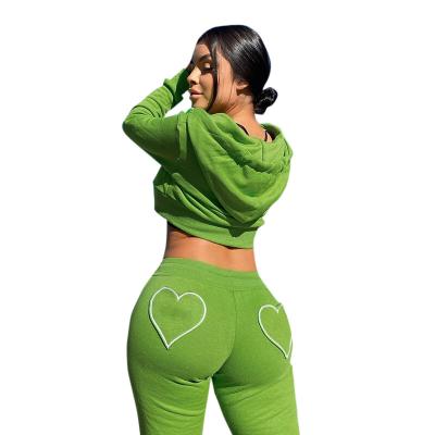 China Newest Fall Fashion QUICK DRY heart embroidery on butt jogger set women crop top with drawstring sweatpants and hoodie set for sale