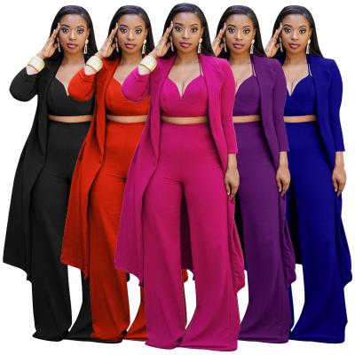 China 2021 New Arrival Workout Set Solid Color QUICK DRY Wide Leg Warmers Knitting Upper Casual V-Neck Summer Women Sets 3 Piece Sets for sale