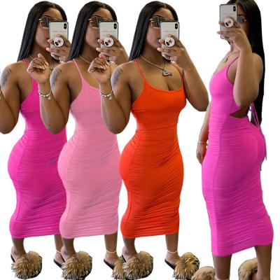 China 2021 New Arrival Breathable Spaghetti Strap Women Summer Dresses Lady Elegant Girls Solid Color Maxi Dresses Women Stacked Sundresses for sale