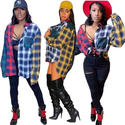 China Anti-pilling spring ladies tops blouses 2021 crop top button up long sleeve plaid shirts for women blouses for sale