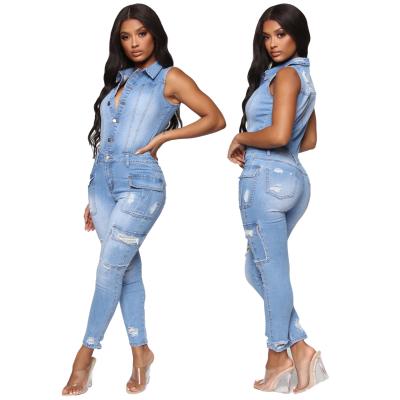 China Newest viable one piece sleevevess women's slim jumpsuit jeans ripped denim jumpsuit summer for sale