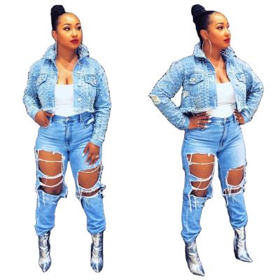 China Plus Size Fashion Custom Women Rivet Studded Puff Sleeves Denim Lattice Cropped Jackets for sale