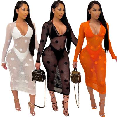 China Fashion Breathable Beach Summer Long Sleeve V Neck Wave Point Bikini Set Swimwear 2021 Three Piece Swimsuit for sale