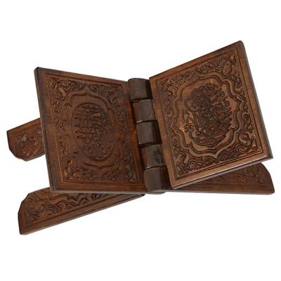 China Middle East Good Quality Peachwood Pure Mahogany Quran Book Wooden Stand Stand with Carved and Hollow Designs for Muslim House or Mosque for sale