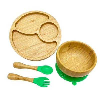 China Popular Novelty Silicone Baby Dish Wooden Tableware Baby Feed Bamboo Dish Babi Feed Set for sale