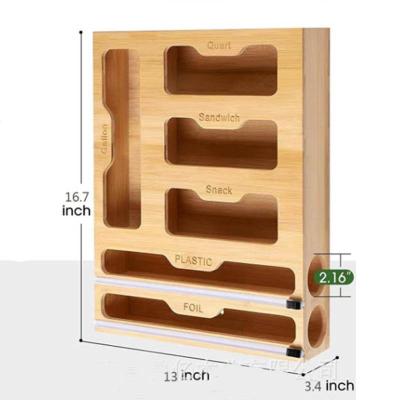 China New Expandable 2 Cutter Sustainable Wooden Design Wall Mounted Bamboo Food Bag Storage Ziplock Organizer With Foil Cutter for sale