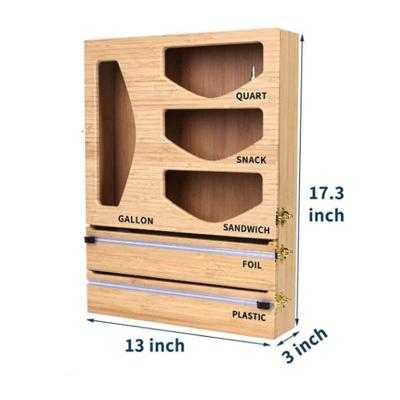 China 6 Viable in 1 Ziplock Organizer Plastic Wrap Dispenser Bag Storage with Zipper Cutter Food Bag Storage Organizer Bamboo Baggie Holder for sale