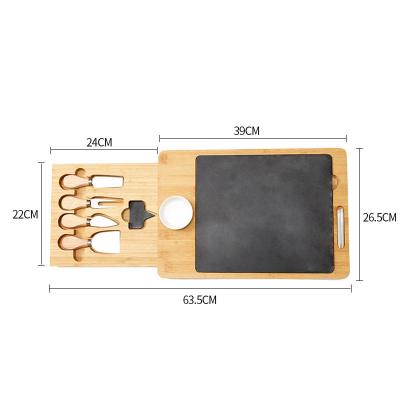 China Viable Wholesale Charcuterie Bamboo Cheese Cutting Board with Utensils Set and 4 Stainless Steel Cutting Knives for sale