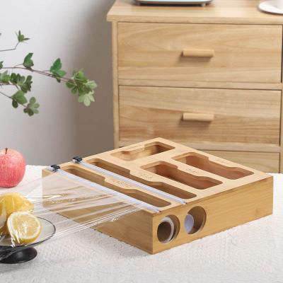 China Customizable Wooden 5 In1 Drawer Home Supplies Storage With Dispenser Plastic Holder Envelope Foil Bag Bamboo Ziplock Organizer for sale