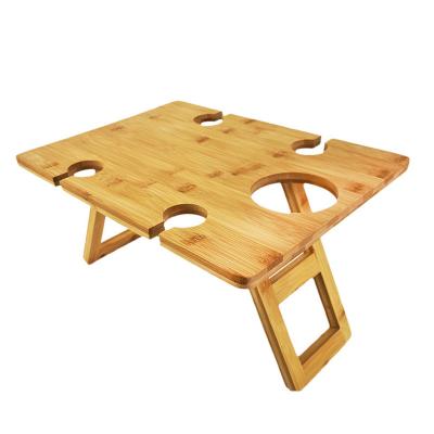 China Modern Portable Red Wine Picnic Table, Foldable Bamboo Snack Table with Wine Bottle and Glass Holder for sale