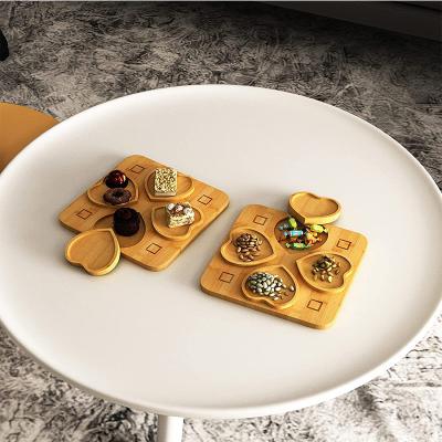 China Disposable Heart Shape 4 Compartment Bamboo Fruit Serving Tray Round Tray Food Tray Plate For Snack Dessert for sale