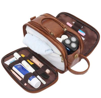 China Fashion Men Travel Toiletry Bag Shaving Organizer PU Leather Cosmetic Bags Toiletries Dopp Kit Storage Bag Waterproof Bathroom for sale