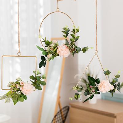 China Art Decor Floral Hoop Wreath set of 3 Artificial Rose Eucalyptus Garland Metal Hanging for Wedding Nursery Wall Decor Garden Ornament for sale