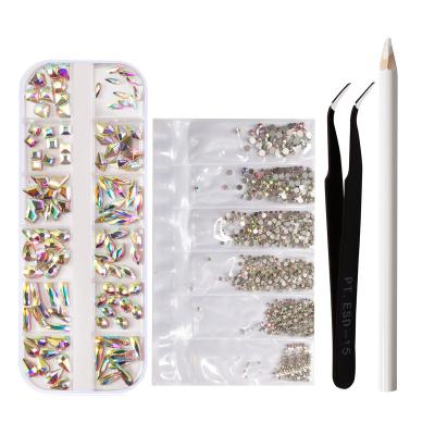 China Easy Apply Amazon Hot Sale Flat Back ab Color Shiny Rhinestone Crystal Mixed Shape Size Nail Set With Tweezers And Nail Picker for sale