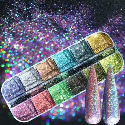 China Nail Art Beauty Hot Sale Japanese Style Laser Shining Chameleon Chunky 12 Grids Holographic Pack Nail Glitter Powder for sale