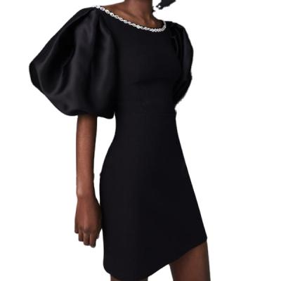 China New Elegant Anti-static Women Nightclub Party Cocktail Dinner Pearl Black Bodycon Evening Dresses Bubble Short Sleeve Bandage Slim Fit Dress for sale