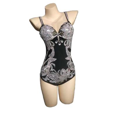 China Wholesale Pearl Diamond Bodysuit Dance Costume 2021 Diamond Jumpsuit Women Spaghetti Strap Stain Costume for sale