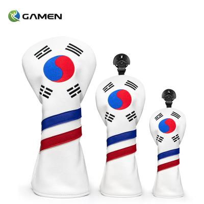 China Gamen Leather Durable High Quality White 3D Embroidered Korea Flag Long Neck Golf Cover Custom Driver 1 Golf 3 5 Driver Head Cover for sale