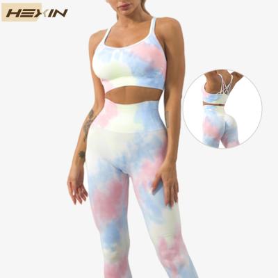 China HEXIN Breathable Customs Tie Dye Printed Workout Apparel Women Set Gym Fitness Yoga Sets for sale