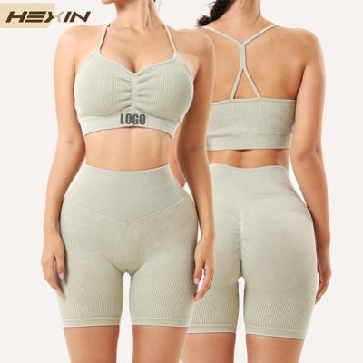 China HEXIN Breathable Quick Dry Women Seamless Gym Fitness Sets Workout Yoga Two Piece Shorts Sets Custom Activewear for sale