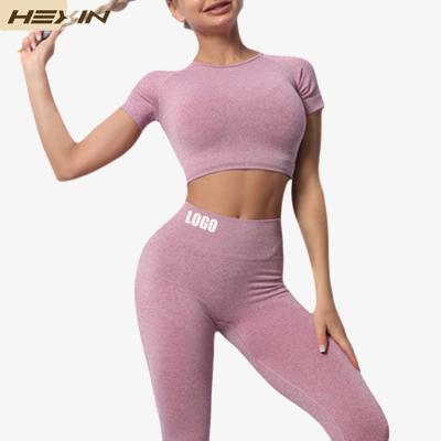 China Breathable HEXIN Wholesale Gym Crop Fitness Top Wear High Waist Yoga Workout Set Seamless Activewear for sale