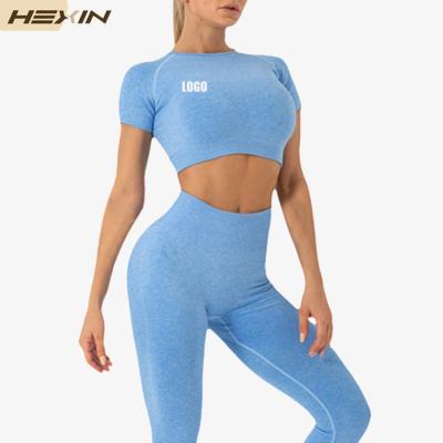 China HEXIN Logo Sportswear Yoga Set Women Gym Fitness Breathable Custom Seamless Sets Short Sleeve Crop Top for sale