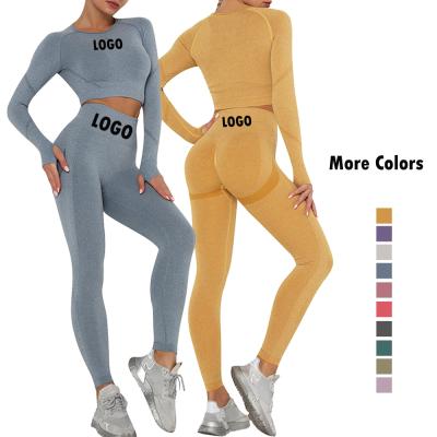 China 2020 Women Breathable Top Selling Seamless Yoga Teams Long Sleeve Thumb Notch Crop Top Workout Leggings Two Piece Clothing Sets for sale