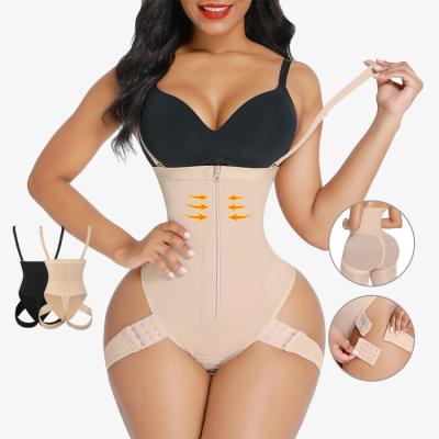 China HEXIN Zipper Custom Women's Full Body Shaper Breathable Front Butt Lifter Bodysuit Thong Shapewear with 2 Side Straps for sale