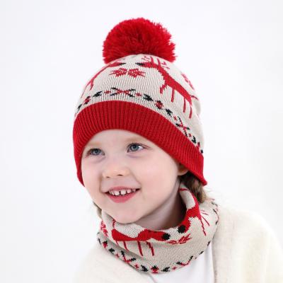 China Picture 2Pcs/SET Christmas Deer Knitted Baby Hat Circle Scarf Set Warm Winter Beanie Caps Pom Pom Infant Hood Hat For Girl Boy 0-3Y for sale