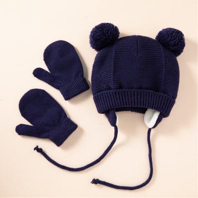 China Character 1-3 Years Old Hat Gloves Two Solid Color Knitted Kids Girls Boys Plush Balls String Cover Gloves Set For Autumn Winter Warm Cap for sale