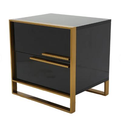 China (Other) Modern Black Lacquer Adjustable 2 Drawer Gold Nightstand Luxury Mental Nightstand for sale